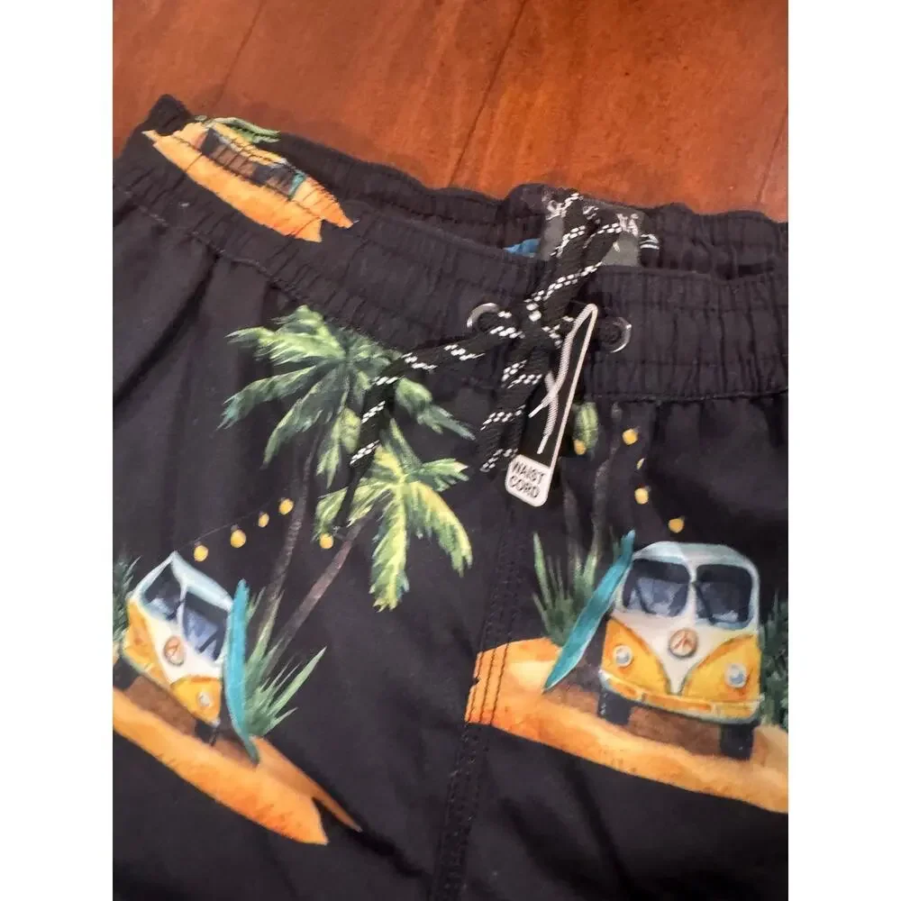 Spicy Tuna Mesh Lined Drawstring Swim Trunks Men Small black Retro VW Multi NWT